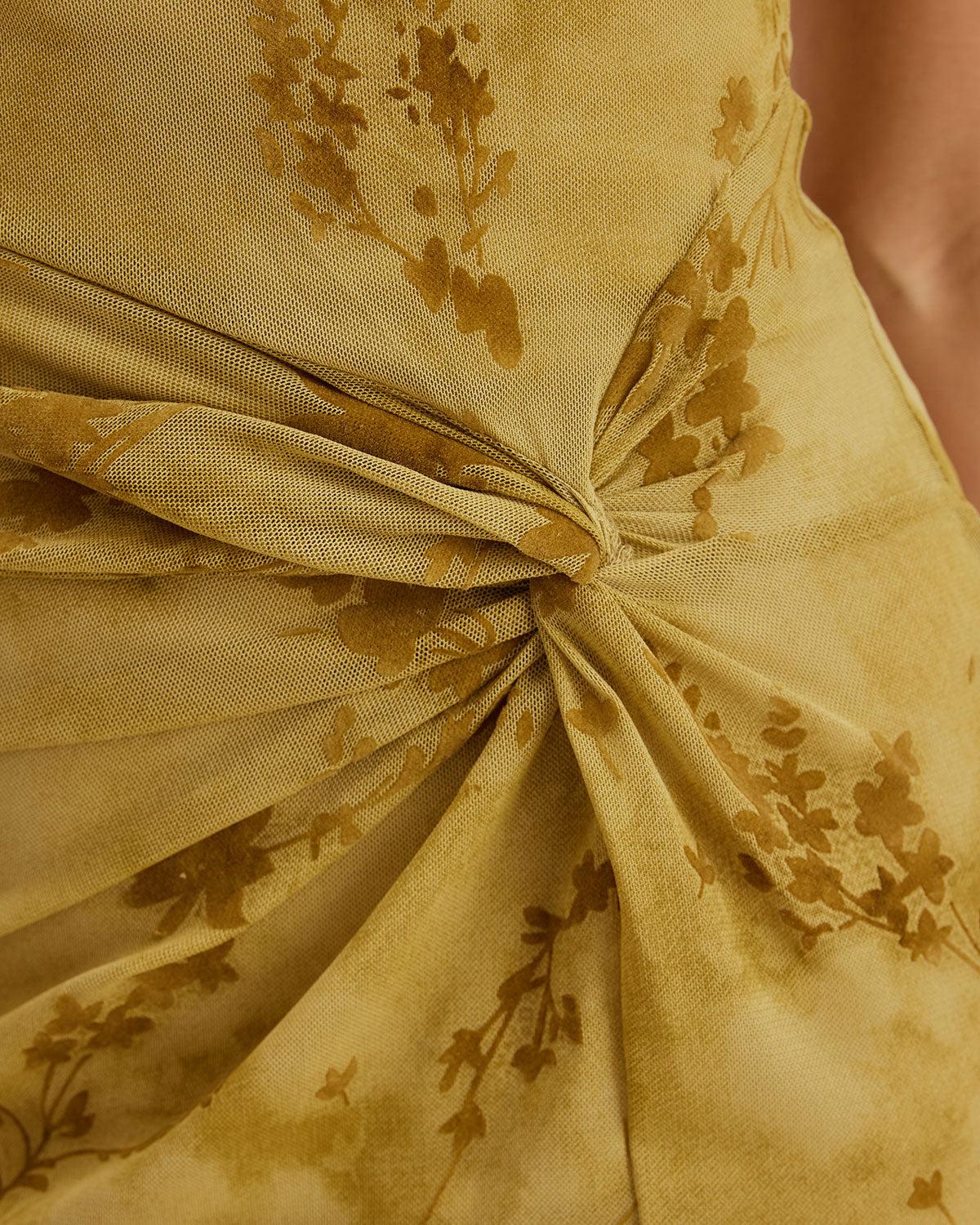 Green Floral Ruched Slip Midi Dress Product Image