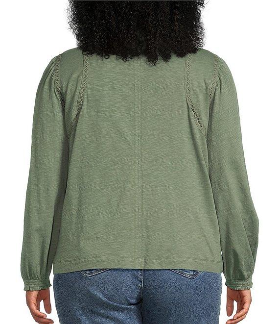 Democracy Plus Size Knit Crew Neck Long Sleeve Crochet Fagoting Detail Top Product Image