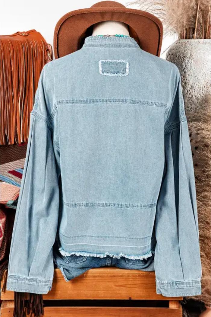 Light Wash Exposed Stitching V Neck Product Image