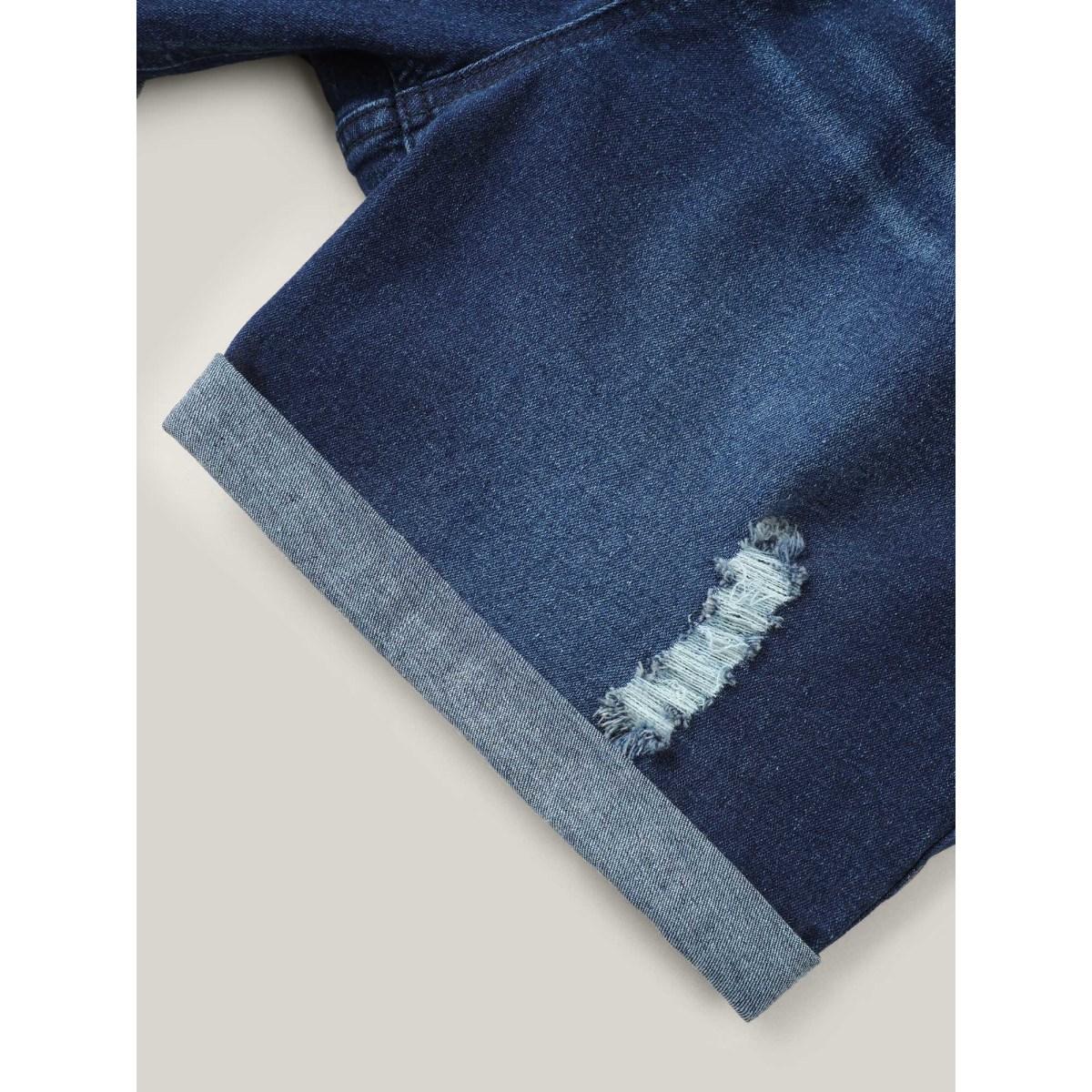 Plus Size Distressed Drawstring Roll Hem Denim Shorts Women Indigo Drawstring High stretch Casual Slanted pocket Leisure Denim Shorts BloomChic 28/5X Product Image