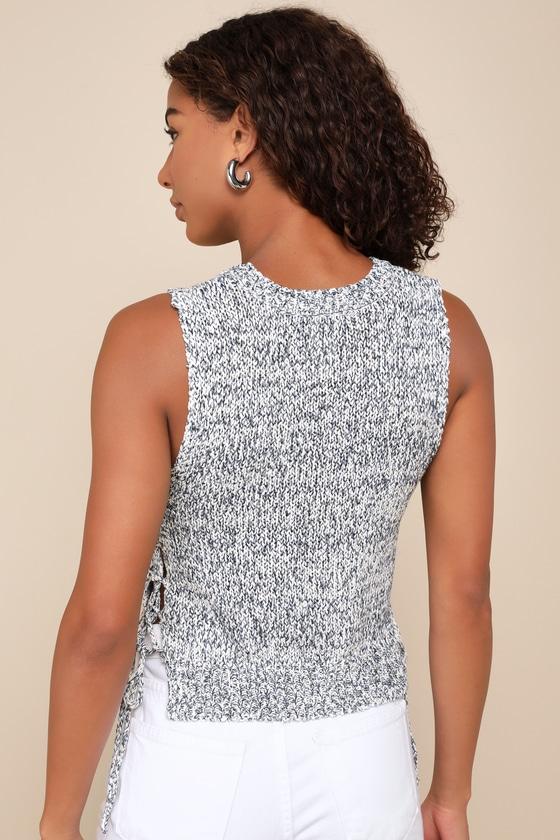 Exceptional Aesthetic Blue Marled Knit Lace-Up Sweater Tank Top Product Image