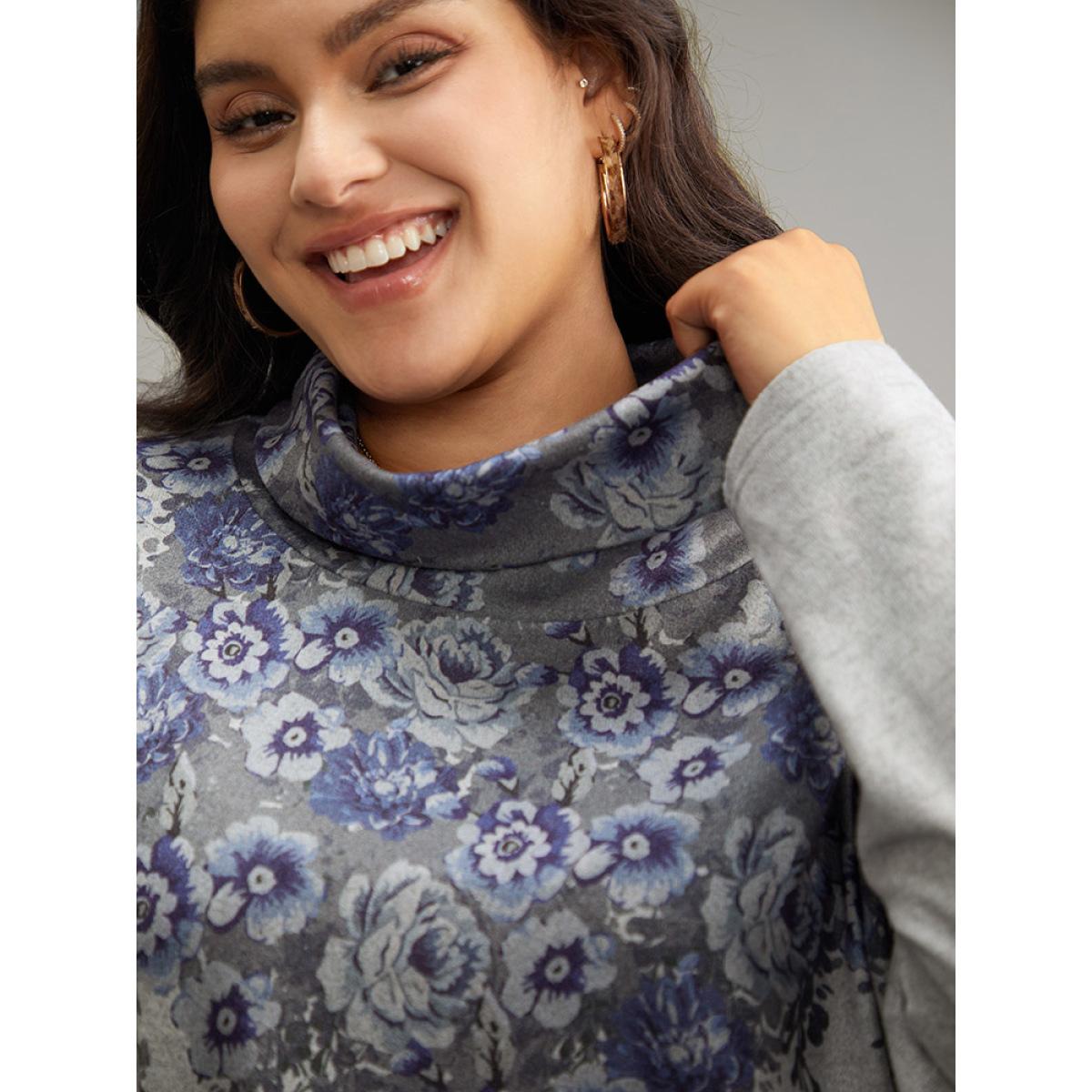 Plus Size Boho Print Mock Neck T-shirt Gray Women Casual Plain Floral Mock Neck Dailywear T-shirts BloomChic 12/L Product Image