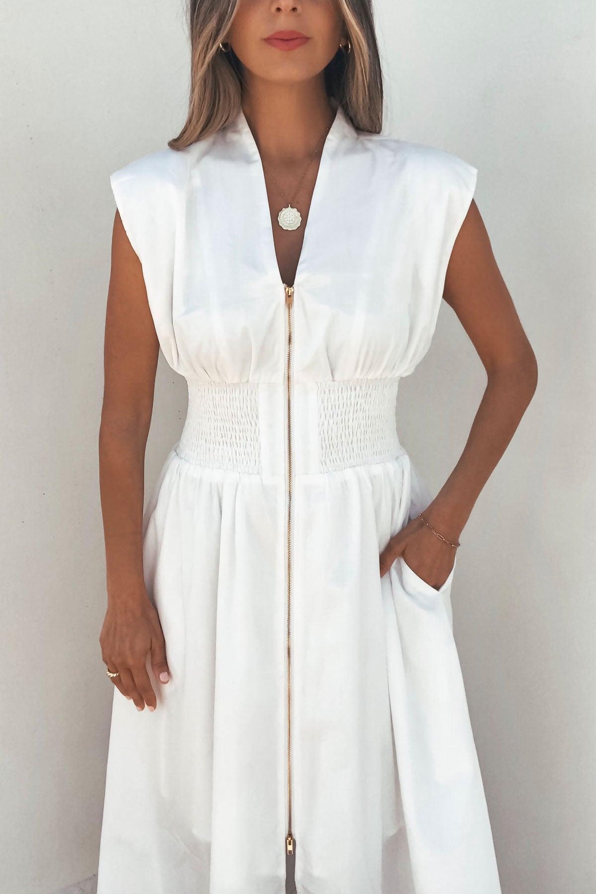 Solid Zip Up Front Midi Dress - White - FINAL SALE Product Image