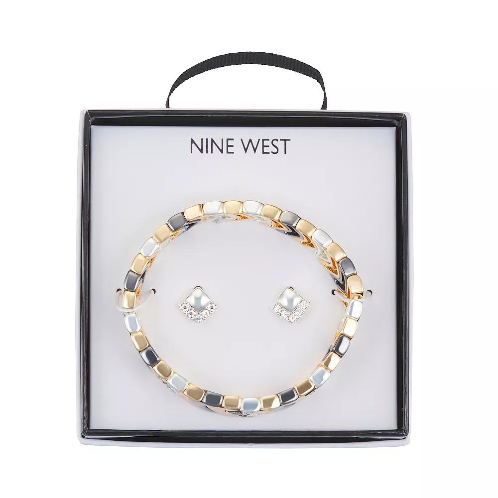 Nine West Tri-Tone Herringbone Bracelet & Stud Earring Set, Women's, Multi Product Image