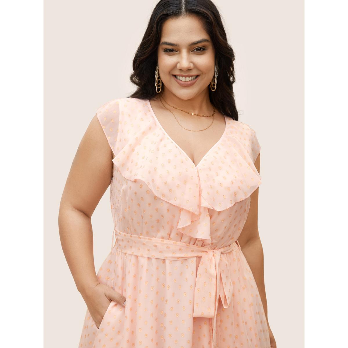 Plus Size Polka Dot Ruffles Belted Sleeveless Dress MistyRose Women Formal Belted V-neck Sleeveless Curvy BloomChic 30/6X Product Image