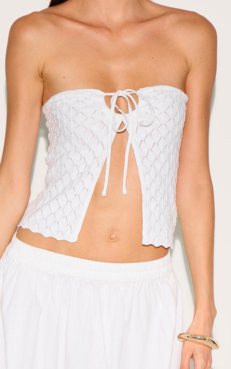 White Textured Crochet Knit Bandeau Open Top Product Image