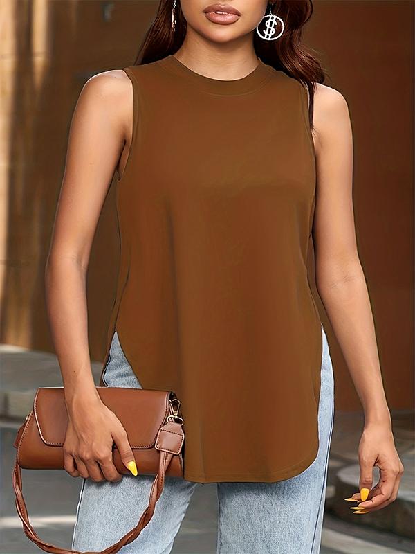 Loose Sleeveless Solid Color Split-Side Round-Neck Cover-Ups Tops Vest Top Product Image