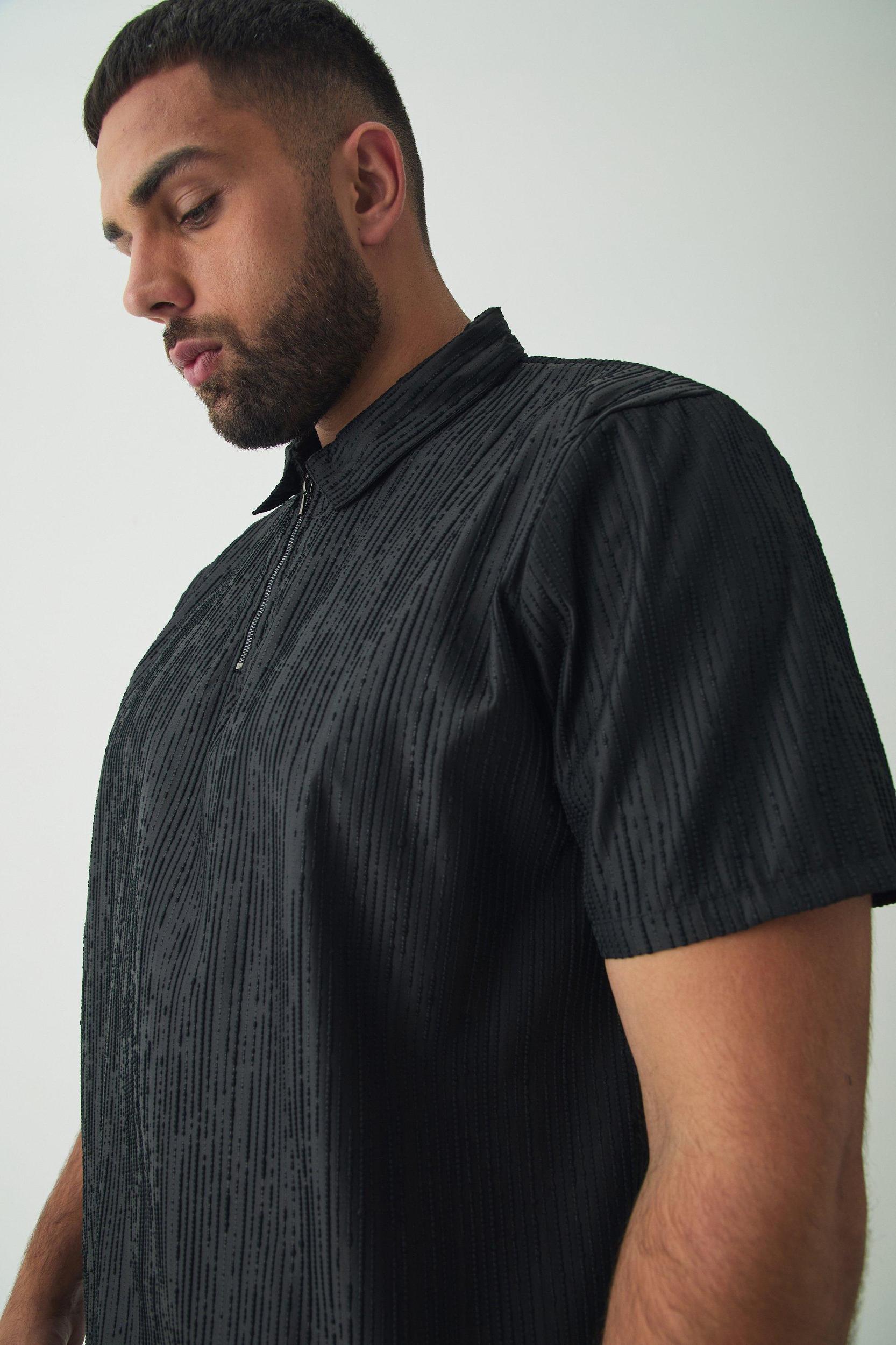 Plus Woven Rib Texture Zip Up Smart Polo Shirt | boohooMAN USA Product Image