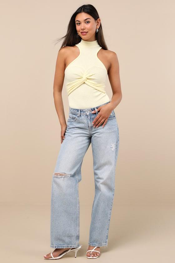 Vyla Light Yellow Textured Ribbed Twist-Front Bodysuit Product Image