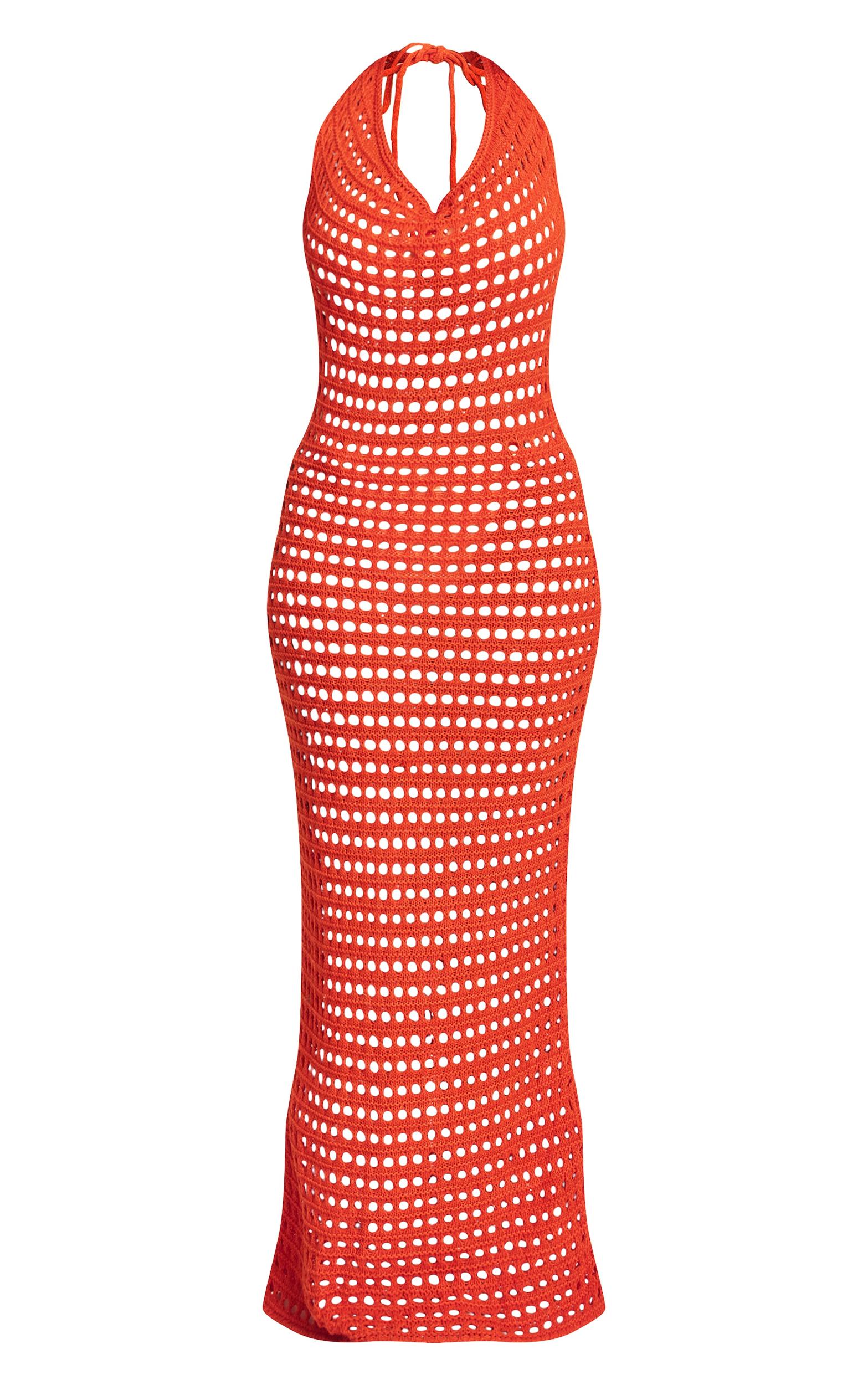 Shape Orange Crochet Knit Halterneck Open Back Maxi Dress Product Image