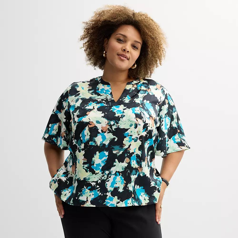 Plus Size Nine West Elbow Sleeve Popover, Women's, Size: 1XL, Blue Abstract Flora Product Image