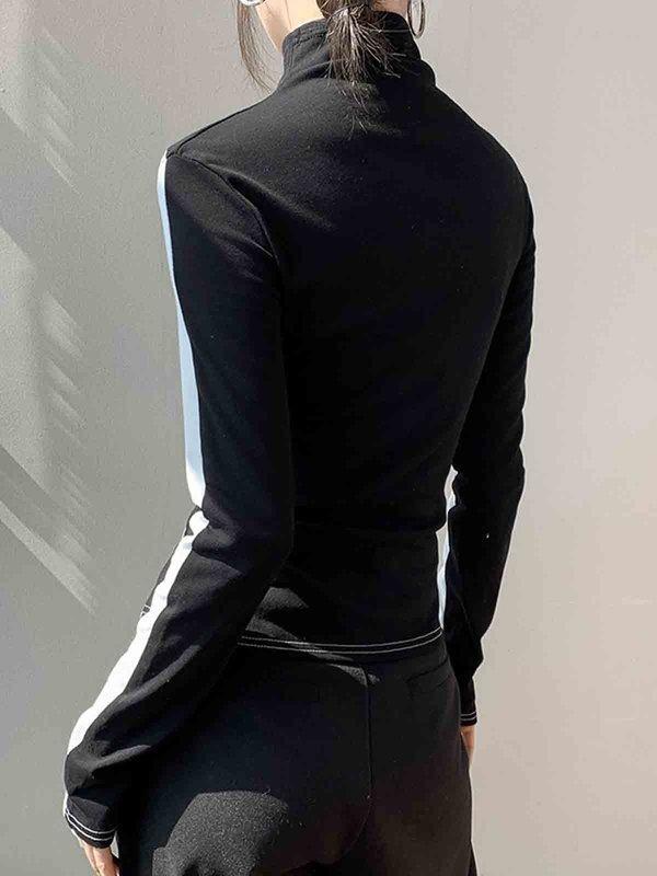 Long Sleeves Skinny Contrast Color Split-Joint High Neck T-Shirts Tops Product Image