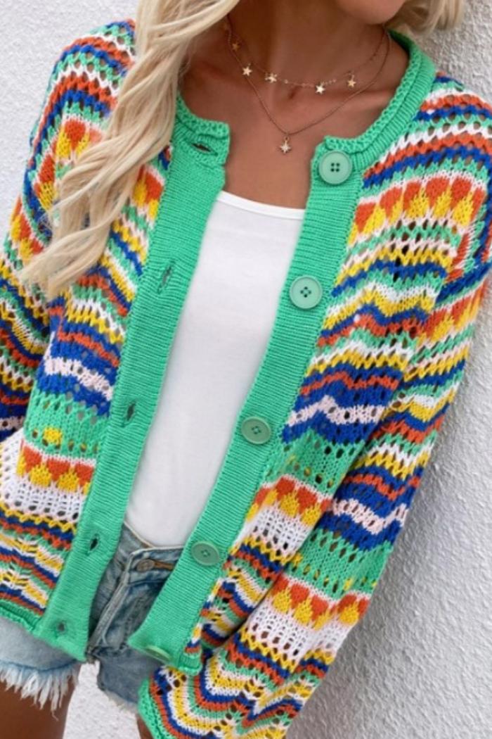 Striped Knit Cardigan Neck Flared Sleeve Button Sweater Product Image
