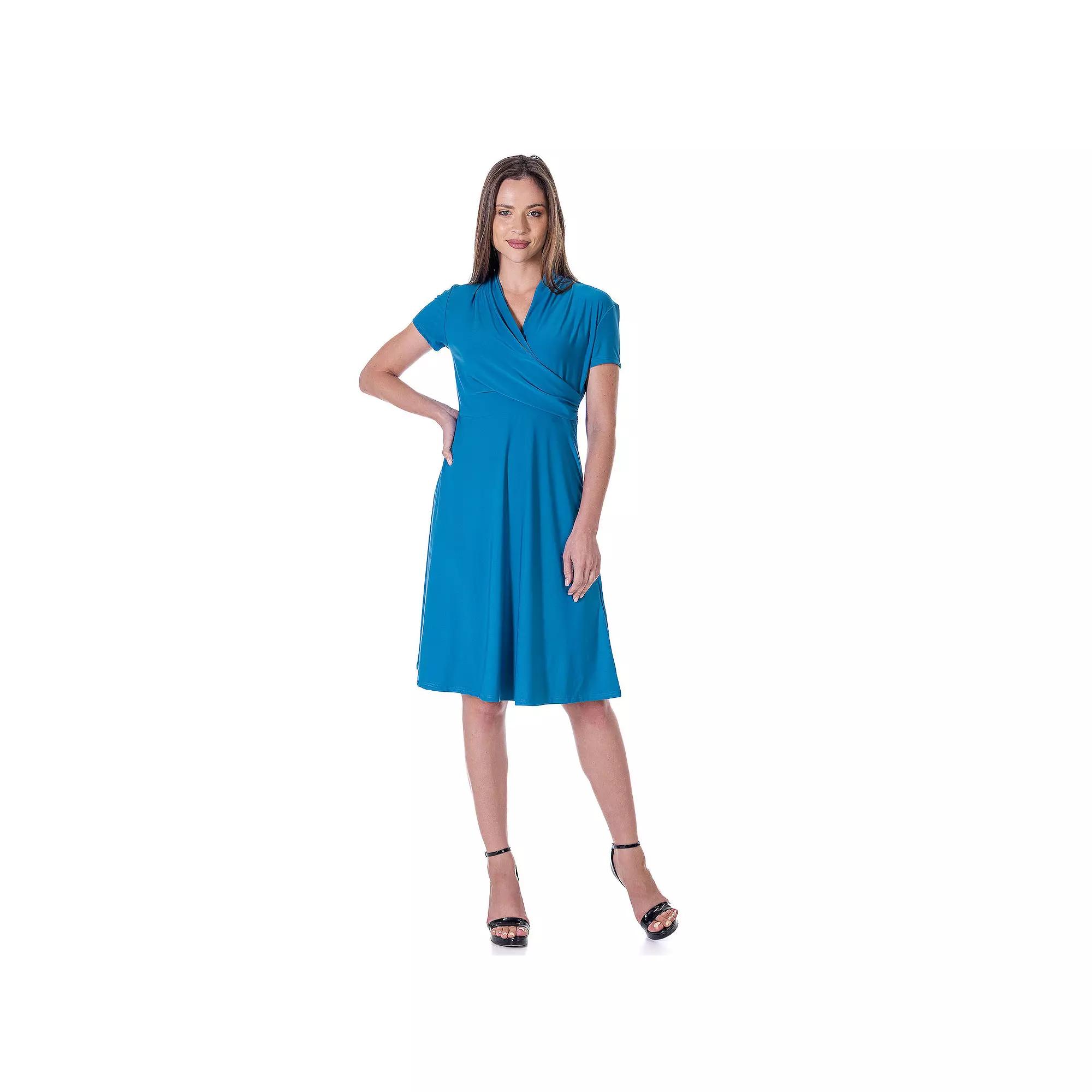 Women's 24Seven Comfort Apparel Short Sleeve Knee Length V Neck Rouched Wrap Dress, Size: XL, Blue Product Image