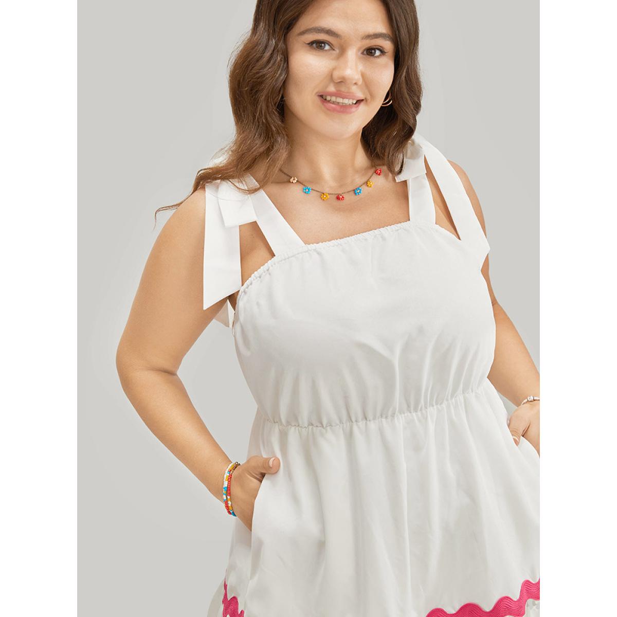 Plus Size Ripple Print Contrast Pocket Flutter Hem Knot Shoulder Tank Dress White Women Vacation Contrast Spaghetti Strap Sleeveless Curvy Midi Dress BloomChic 22-24/3X Product Image