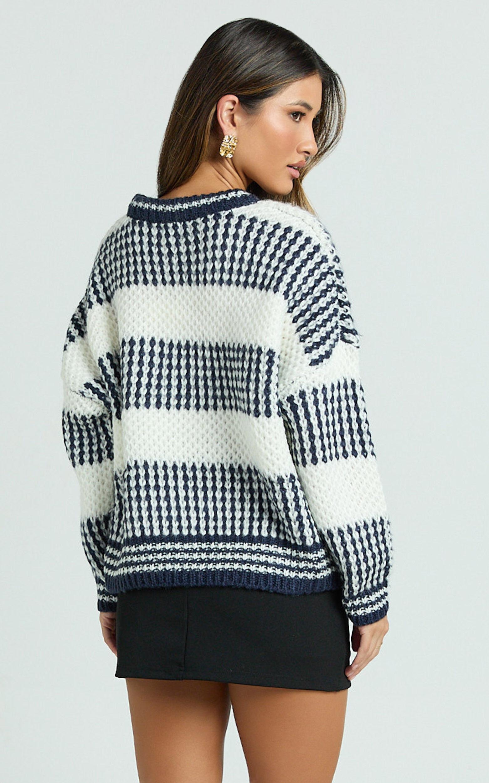 Snuggle Up Jumper - Knit Jumper in Navy Stripe Product Image