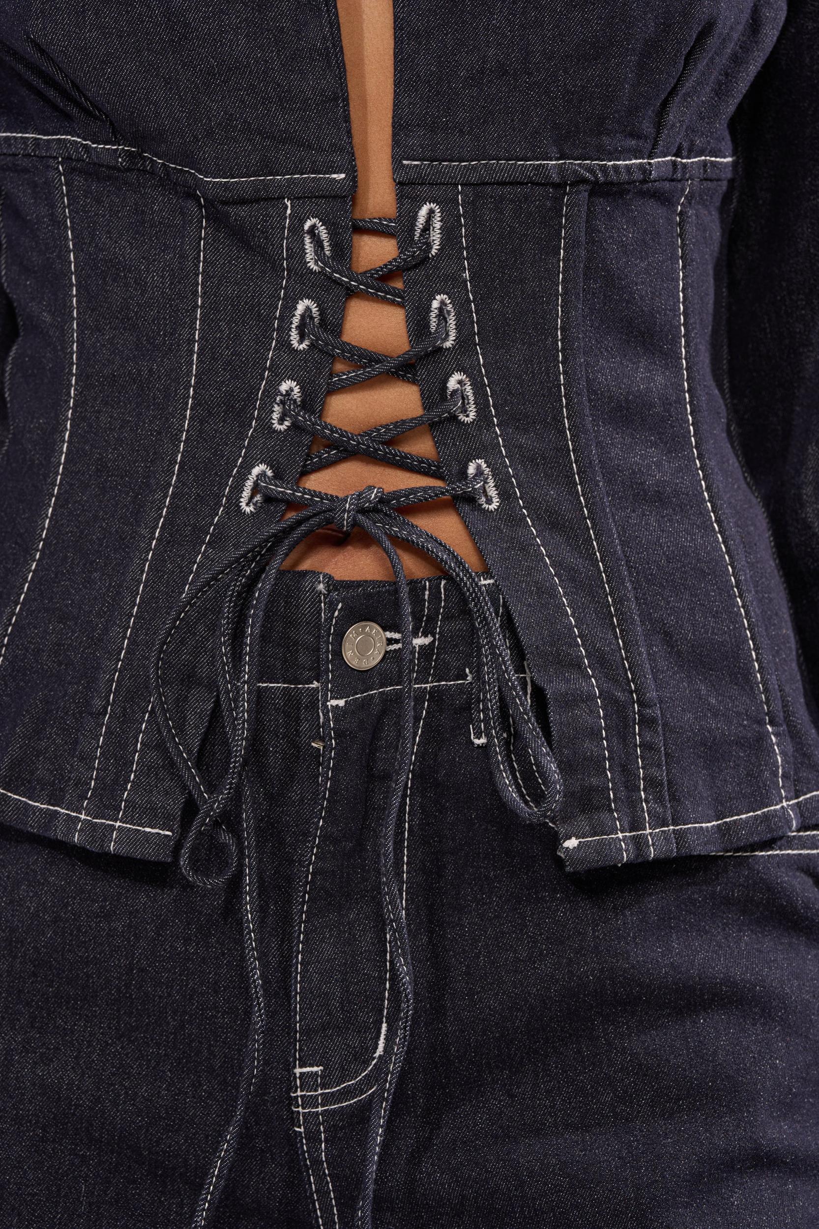 DON'T TALK TO ME LACE UP DENIM BLOUSE Product Image