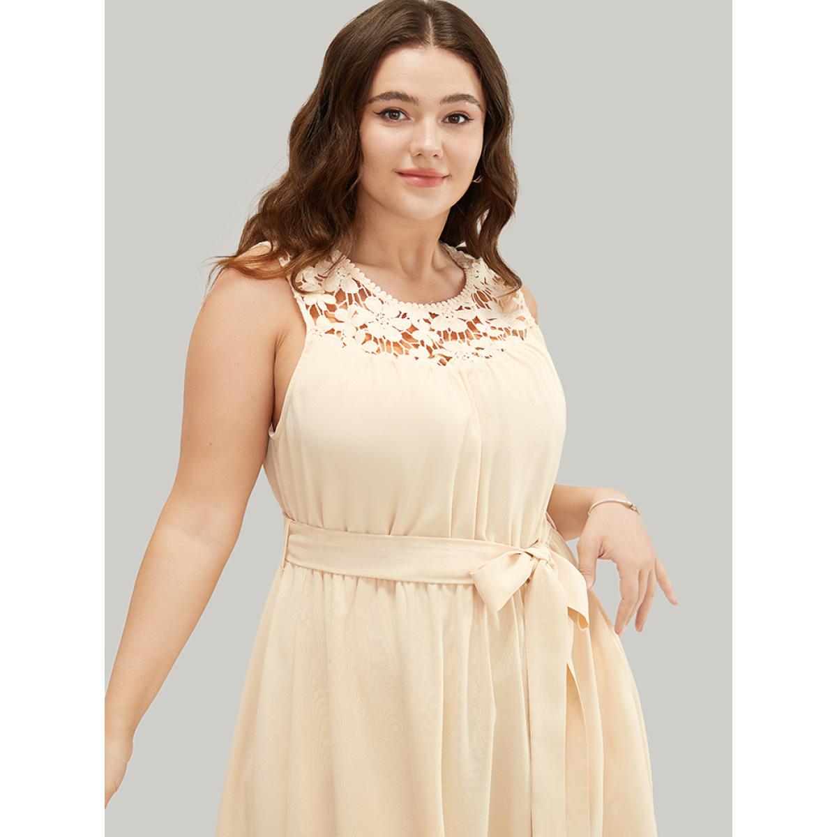 Plus Size Plain Contrast Lace Keyhole Belted Pocket Pompom Trim Tank Dress Beige Women Elegant Lined Round Neck Sleeveless Curvy Midi Dress BloomChic 12/L Product Image
