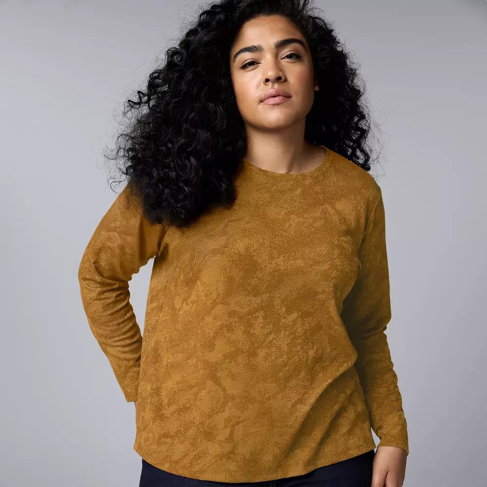 Plus Size Simply Vera Vera Wang Long Sleeve Crewneck T-Shirt, Womens Medium Bronze Grey Product Image