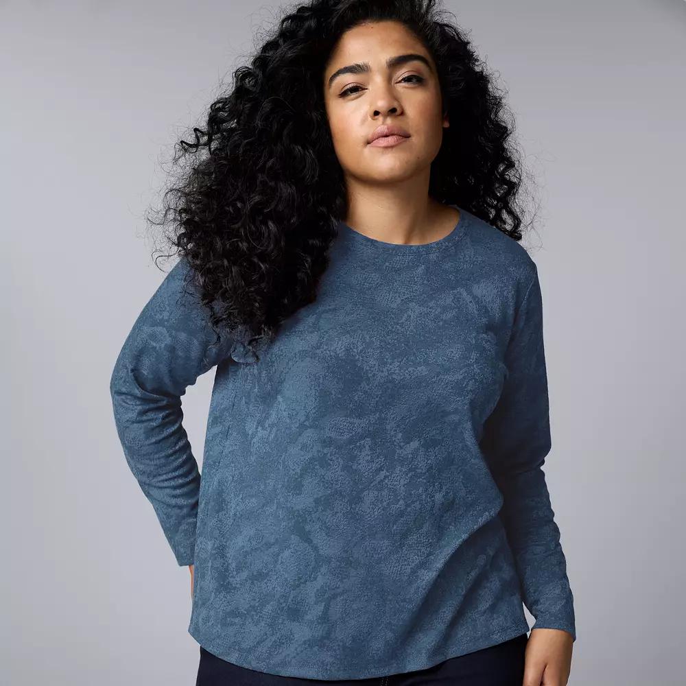 Plus Size Simply Vera Vera Wang Long Sleeve Crewneck T-Shirt, Women's, Size: 3XL, Med Coastline Grey Product Image