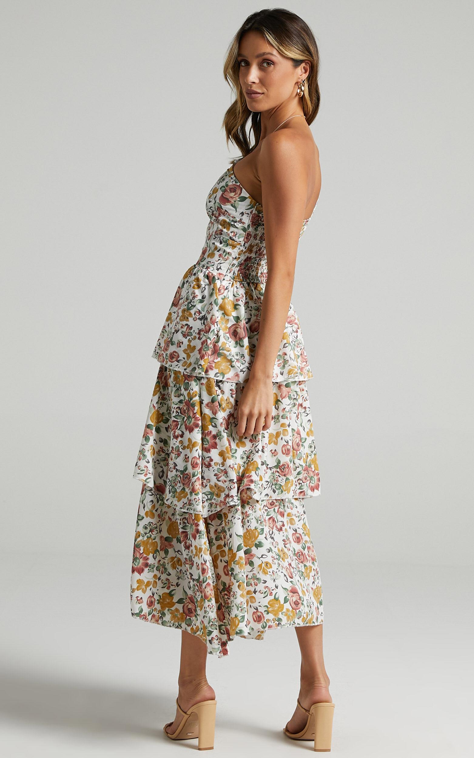 Caro Midi Dress - One Shoulder Tiered Dress in Multi Floral Product Image