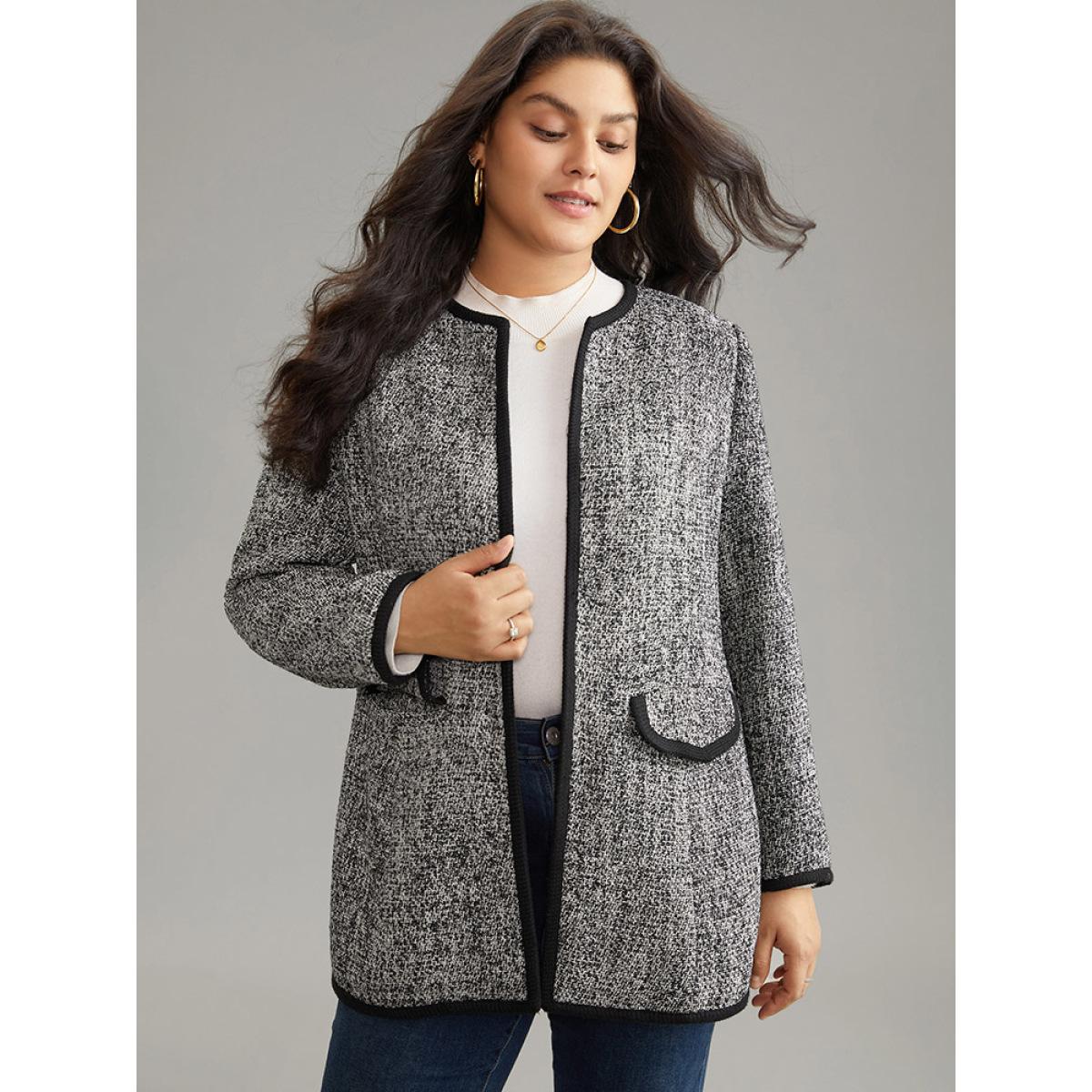 Plus Size Tweed Flap Pocket Open Front Contrast Trim Blazer Black Women Dailywear Plain Texture Sleeve Long Sleeve Open Front 12/L Pocket Casual Blazers BloomChic Product Image