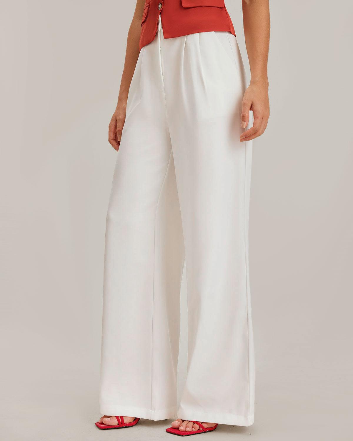 White Ruched Straight Pants Product Image