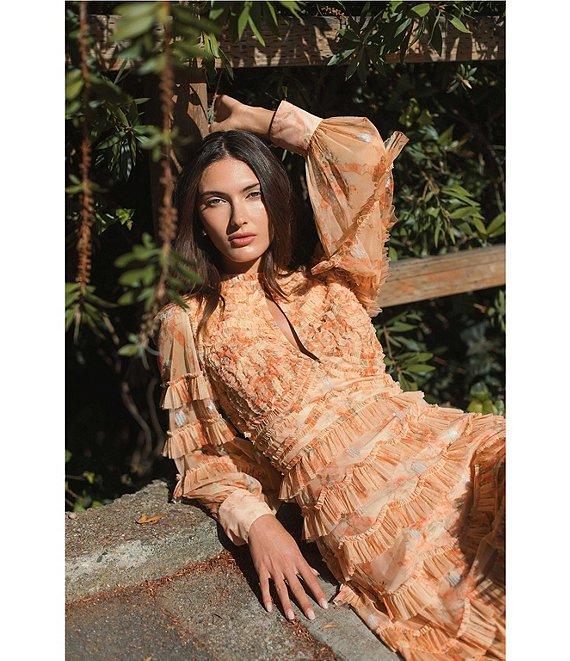 Mac Duggal Key Hole Neck Long Sleeve Floral Mesh A-Line Micro Ruffle Dress Product Image