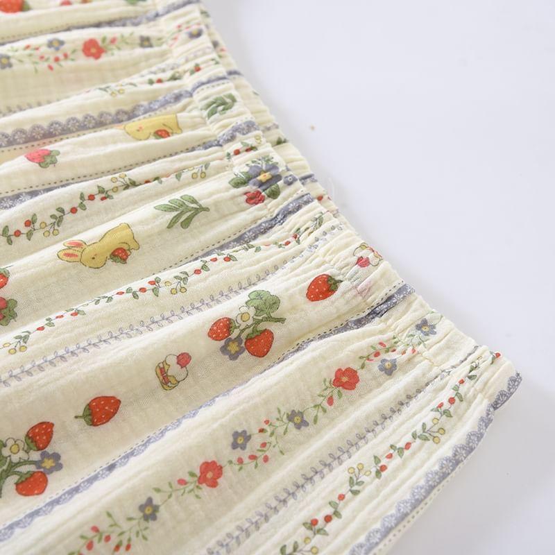 Pajama Set: Short-Sleeve Lapel Collar Floral Button Top + Lounge Shorts Product Image