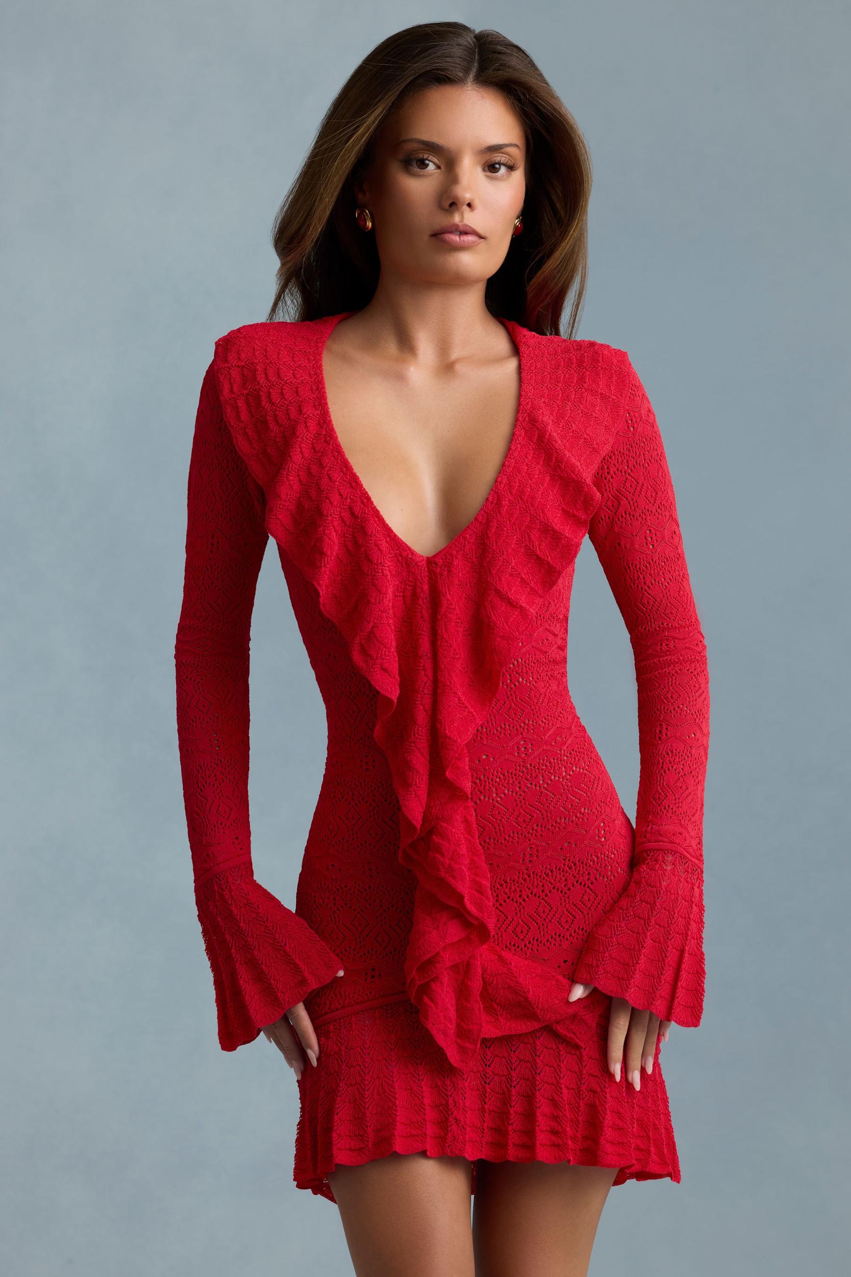 Ruffle-Trim Pointelle-Knit Mini Dress in Scarlet Red Product Image