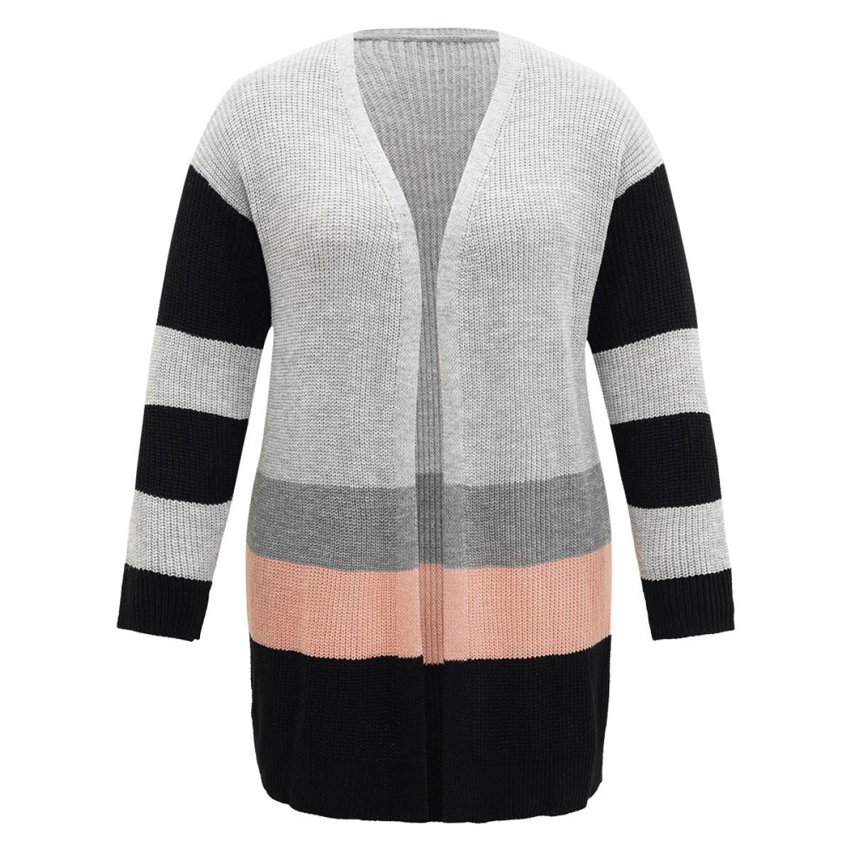 Plus Size Contrast Colorblock Open Front Cardigan Multicolor Women Casual Loose Long Sleeve Dailywear Cardigans BloomChic 26/4X Product Image