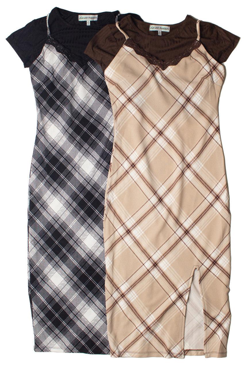 Lace Trim Plaid Midi Dress With Tee Product Image