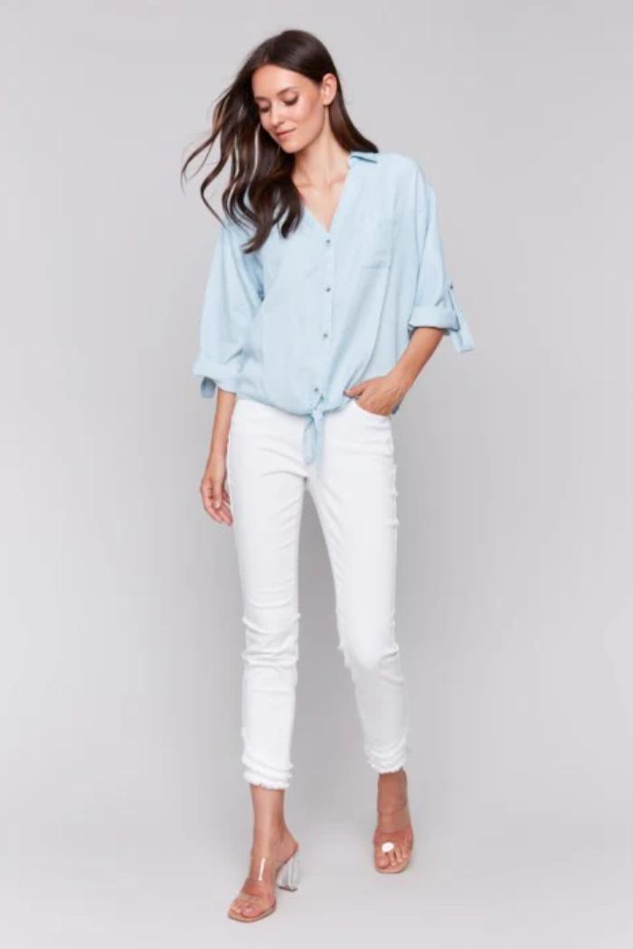 TENCEL BUTTON-FRONT BLOUSE WITH FRONT TIE Product Image