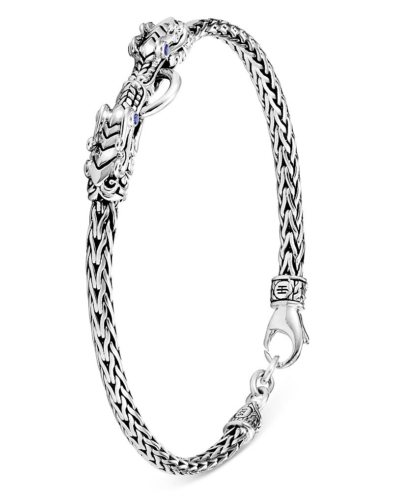 Womens Naga Dragon Silver & Blue Sapphire Double Dragon Head Slim Chain Bracelet Product Image