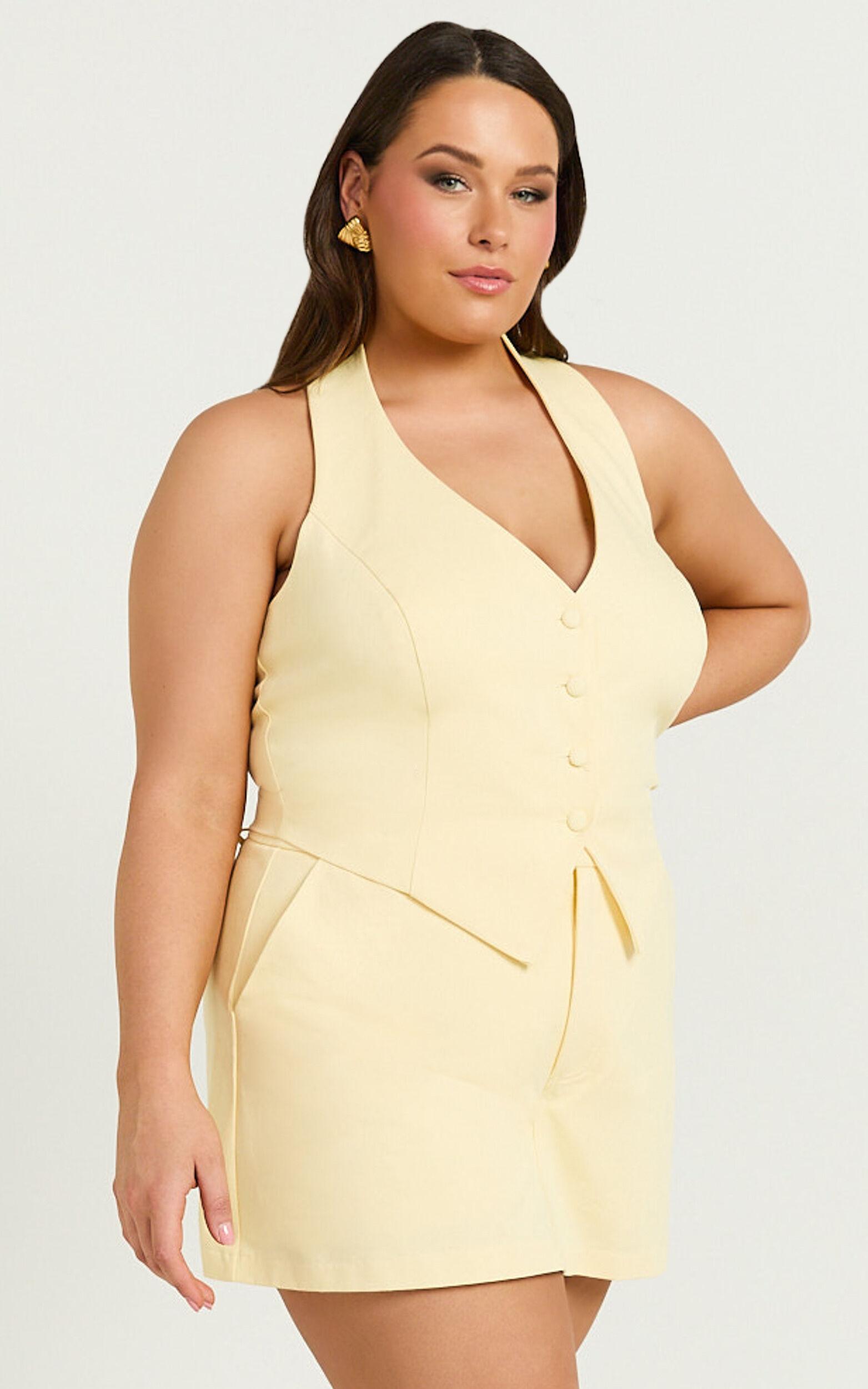 Virginia Top - Halter Neck Button Down Vest in Pastel Yellow Product Image