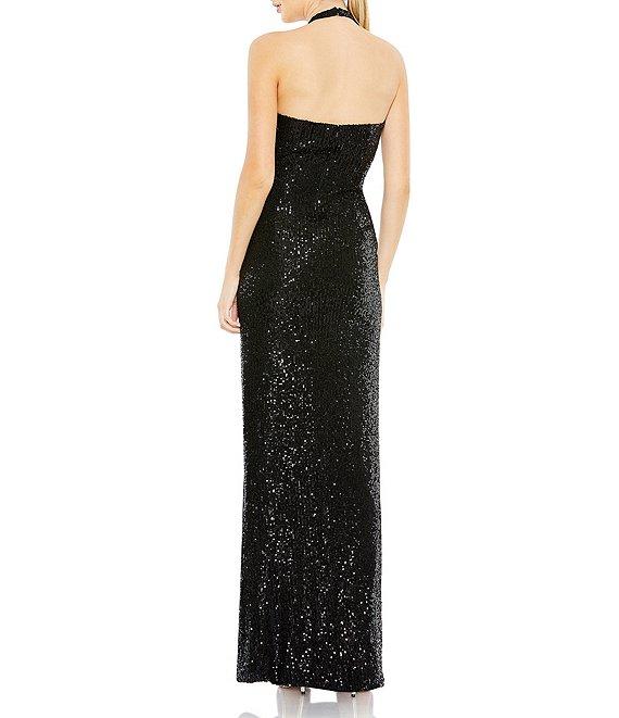 Mac Duggal Sleeveless Halter Square Neck Side Knot Thigh High Slit Sequin Sheath Gown Product Image