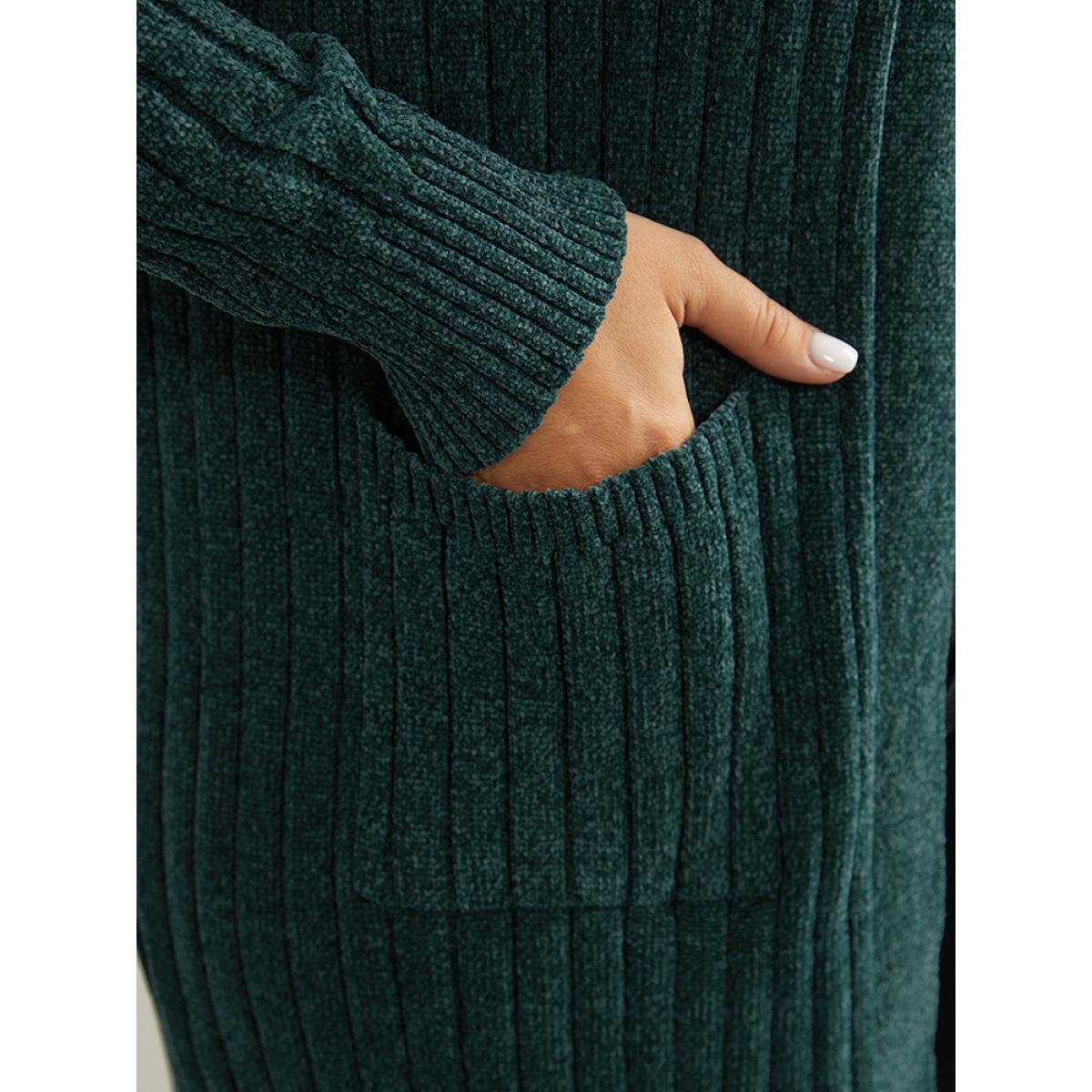 Plus Size Plisse Solid Patched Pocket Cardigan Cyan Women Casual Loose Long Sleeve Everyday Cardigans BloomChic 18-20/2X Product Image