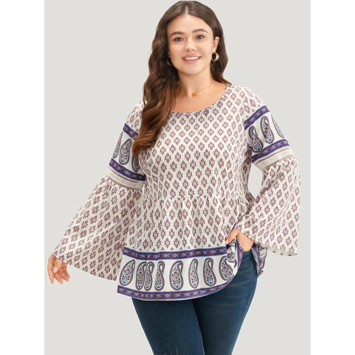 Plus Size Beige Boho Print Patchwork Lace Crew Neck Flutter Sleeve Blouse Women Vacation Long Sleeve Round Neck Vacation Blouses BloomChic 12/L Product Image