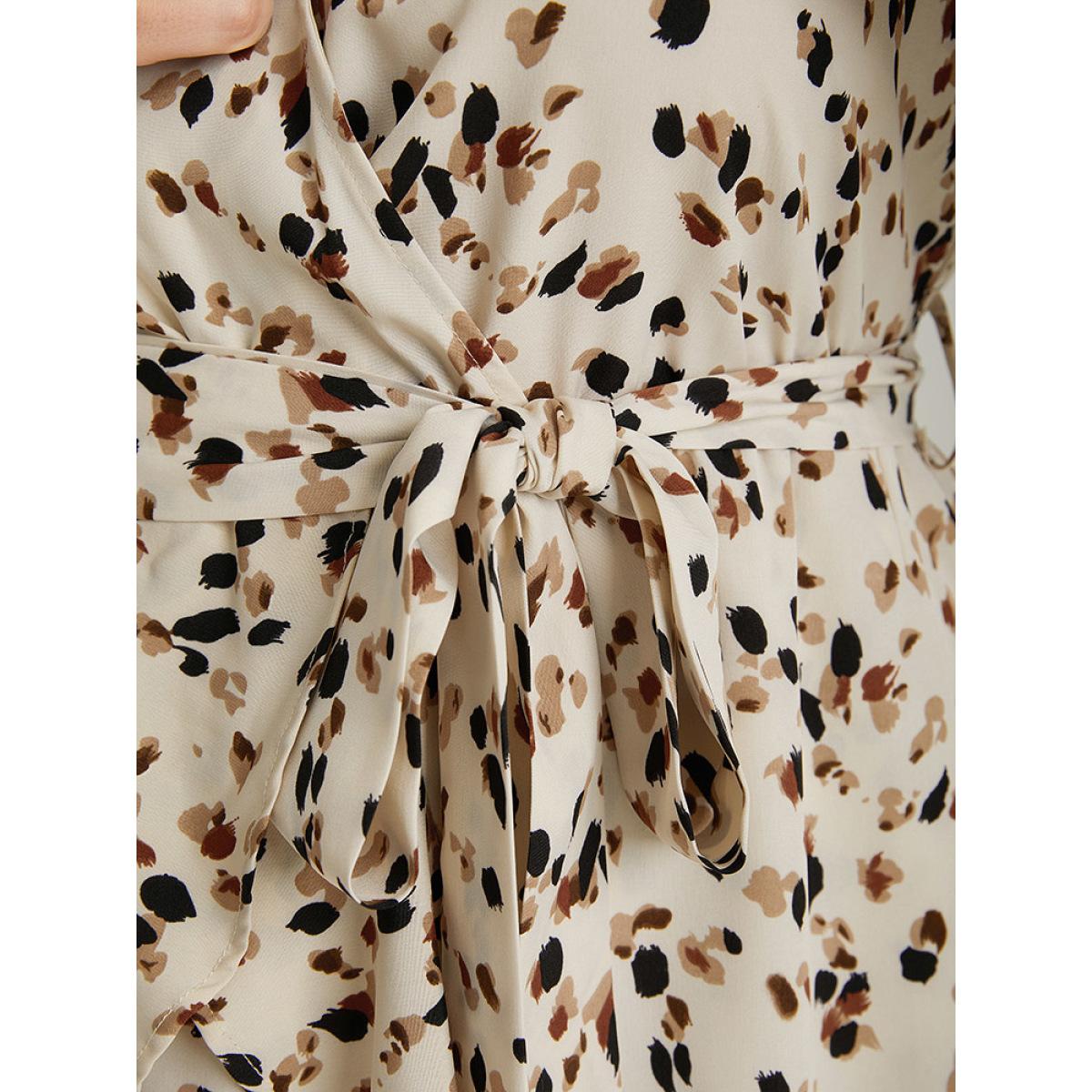 Plus Size Allover Print Belted Ruffles Asymmetrical Layered Hem Dress Apricot Women Elegant Gathered V-neck Cap Sleeve Curvy Knee Dress BloomChic 28/5X Product Image