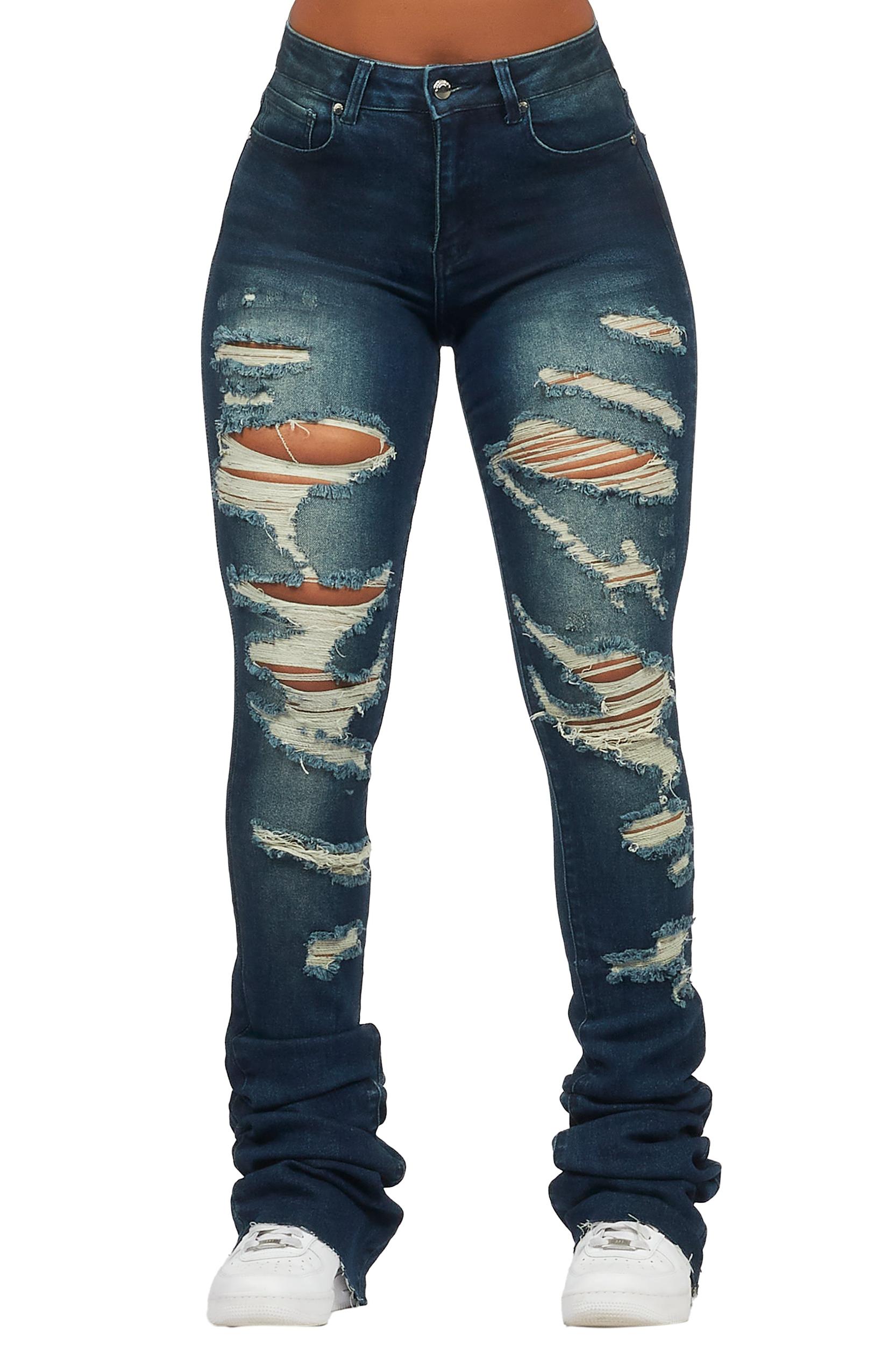 Teyja Dark Wash Distressed Super Stacked Jean Female Product Image