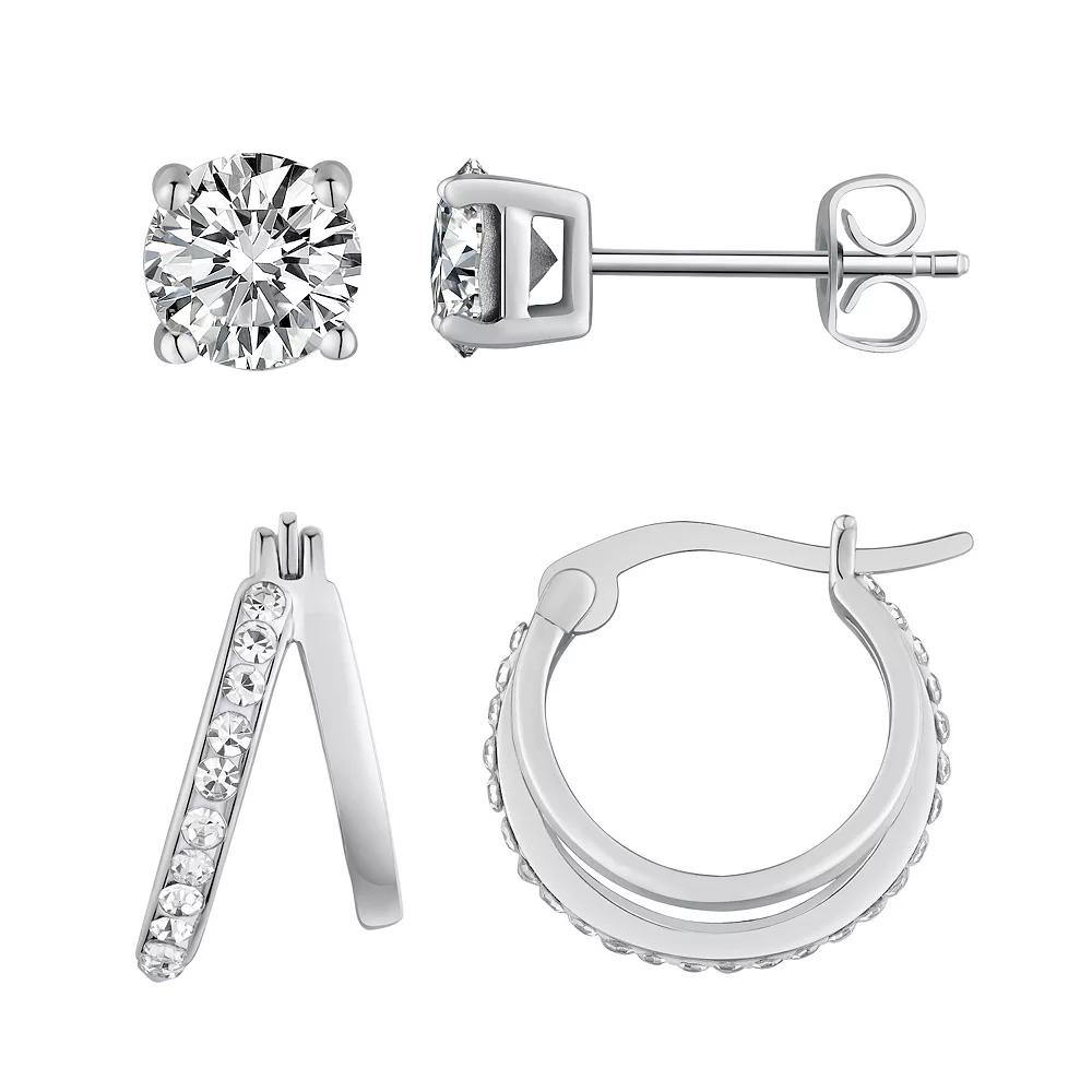 Chrystina Crystal 2 Pair Stud & Split Hoop Earring Set, Women's, Silver Tone Product Image