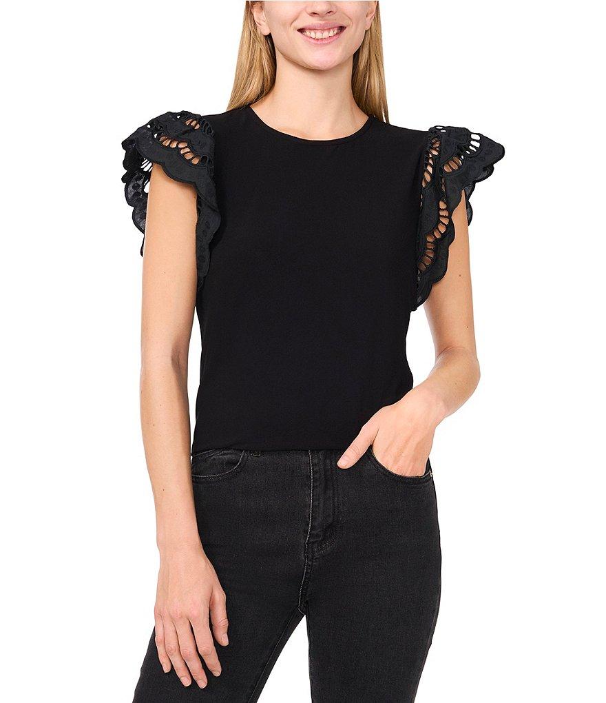 CeCe Crew Neck Short Sleeve Ruffle Eyelet Embroidered Tee Product Image