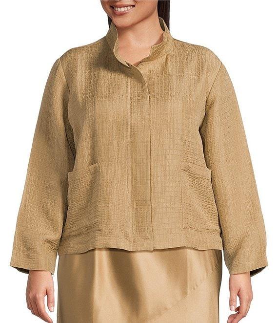 Eileen Fisher Plus Silk Linen Stand Collar Long Sleeve Box Jacket Product Image