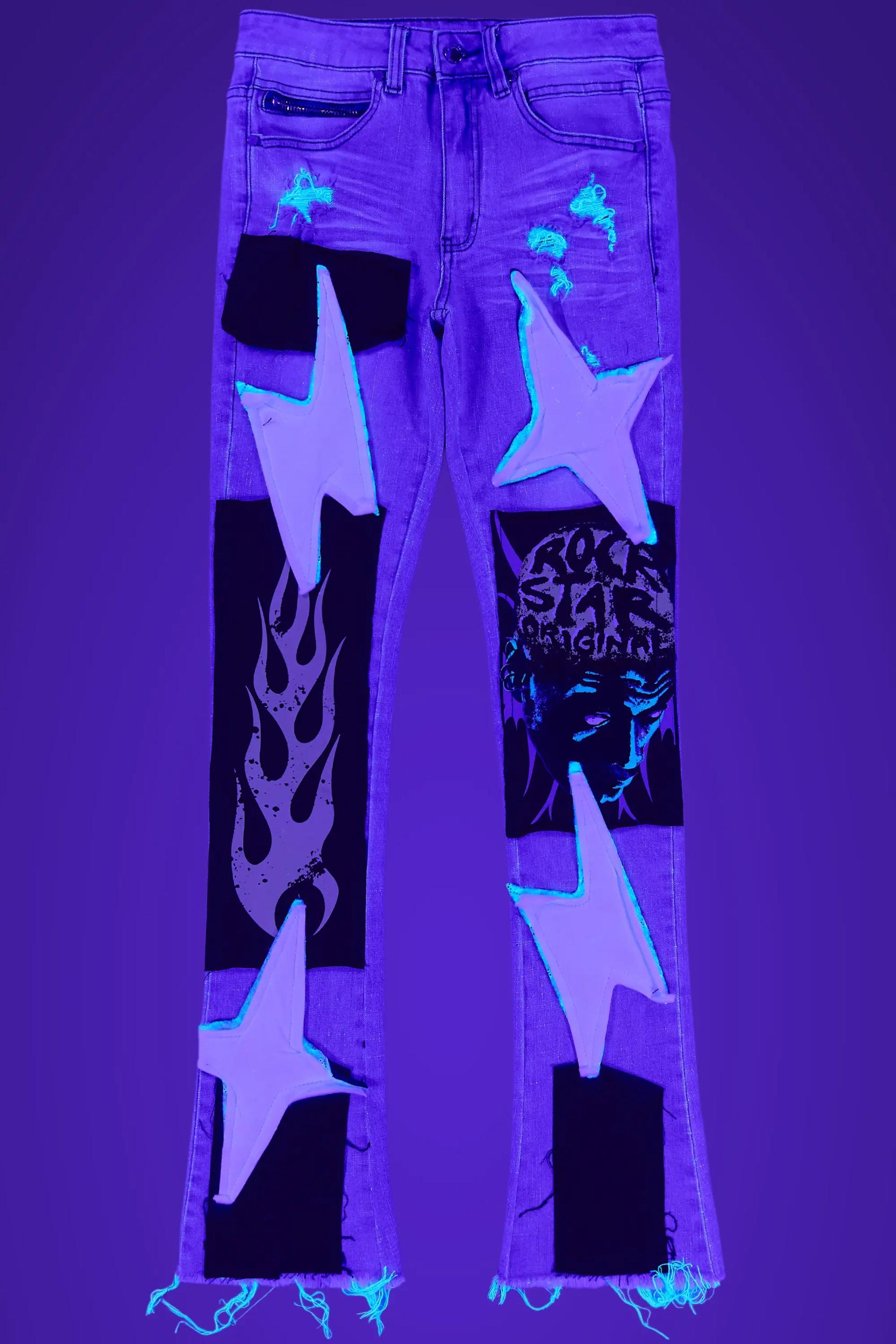 Edgar Blue Patchwork Stacked Flare Jean Male Product Image