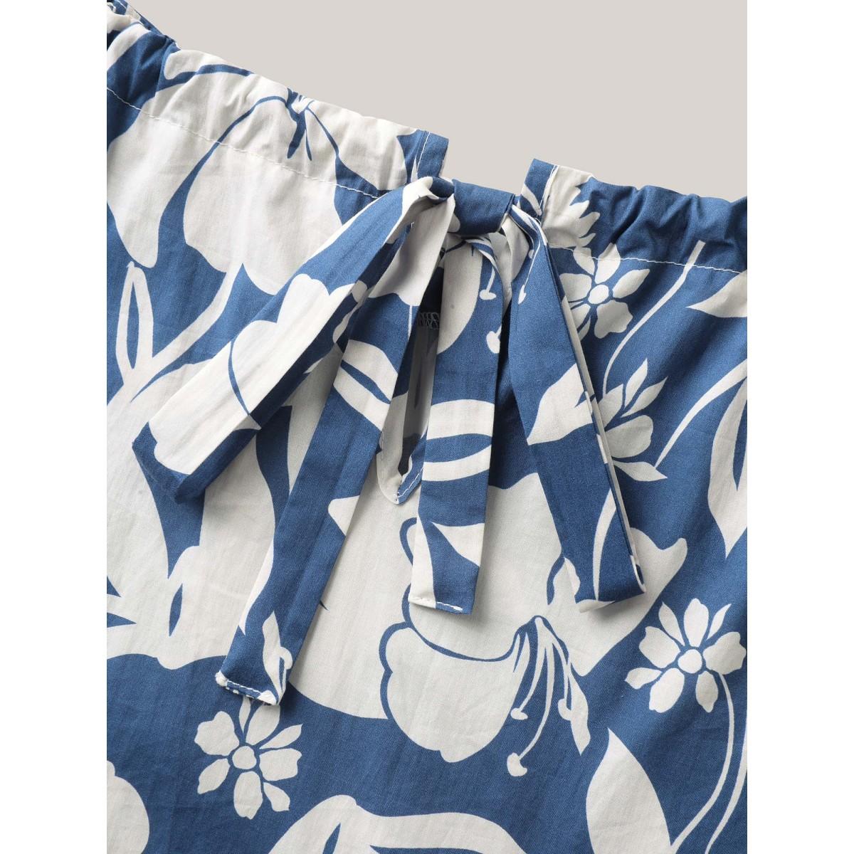 Plus Size Mediumblue Cotton Silhouette Floral Print Shirred Waist Blouse Women Short sleeve Round Neck Vacation Blouses BloomChic 18-20/2X Product Image