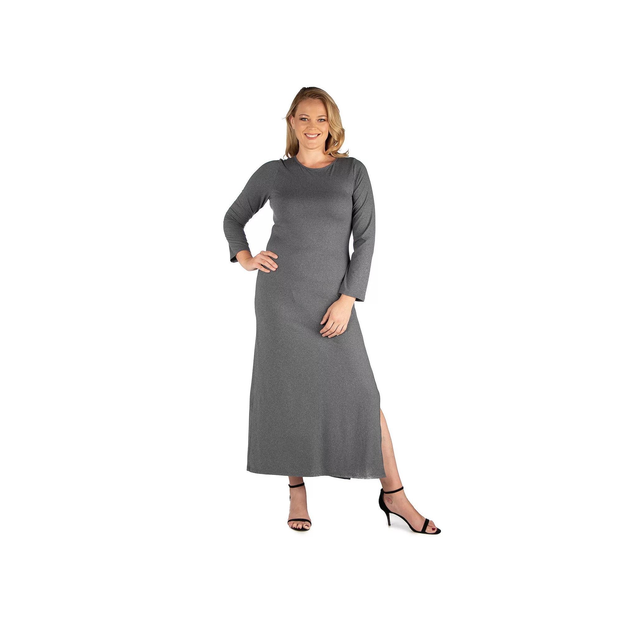 Plus Size 24seven Comfort Apparel Long Sleeve Side Slit Fitted Maxi Dress, Women's, Size: 1XL, Gray Product Image