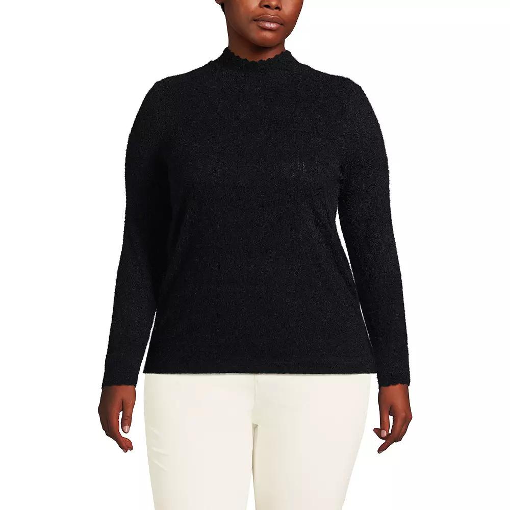 Plus Size Lands' End Long Sleeve Brushed Lace Mockneck Top, Women's, Size: 2XL, Black Product Image