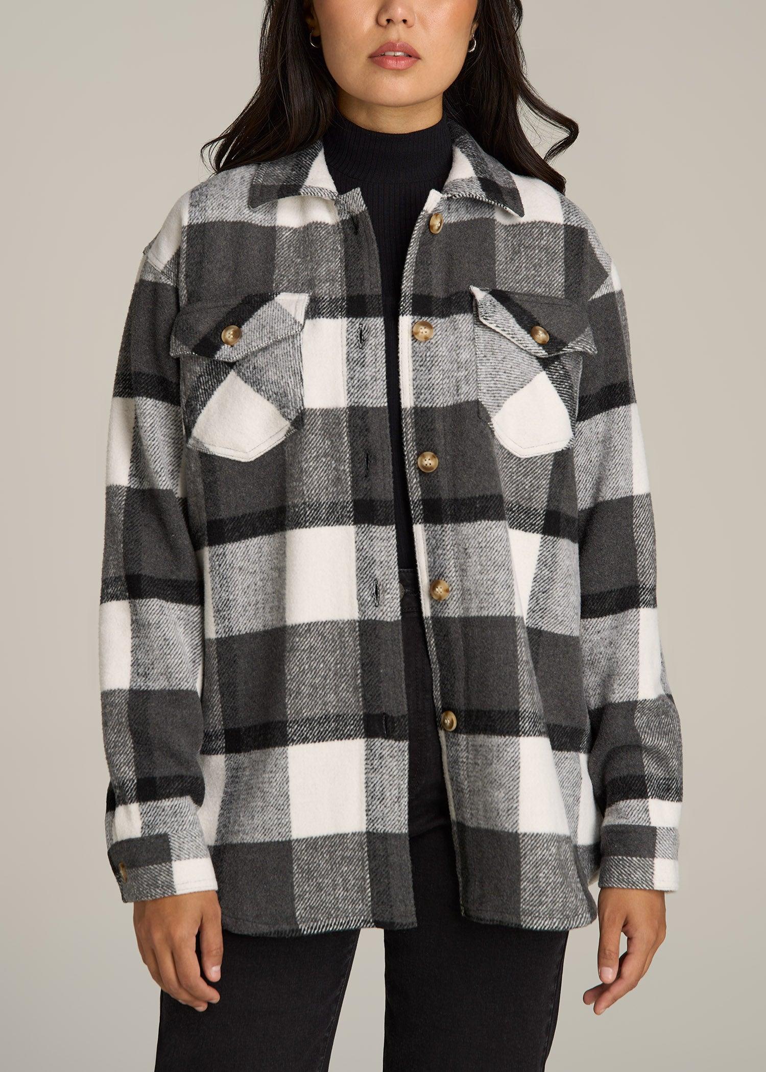 Flannel Shacket for Tall Women in Grey and Black Plaid Female Product Image
