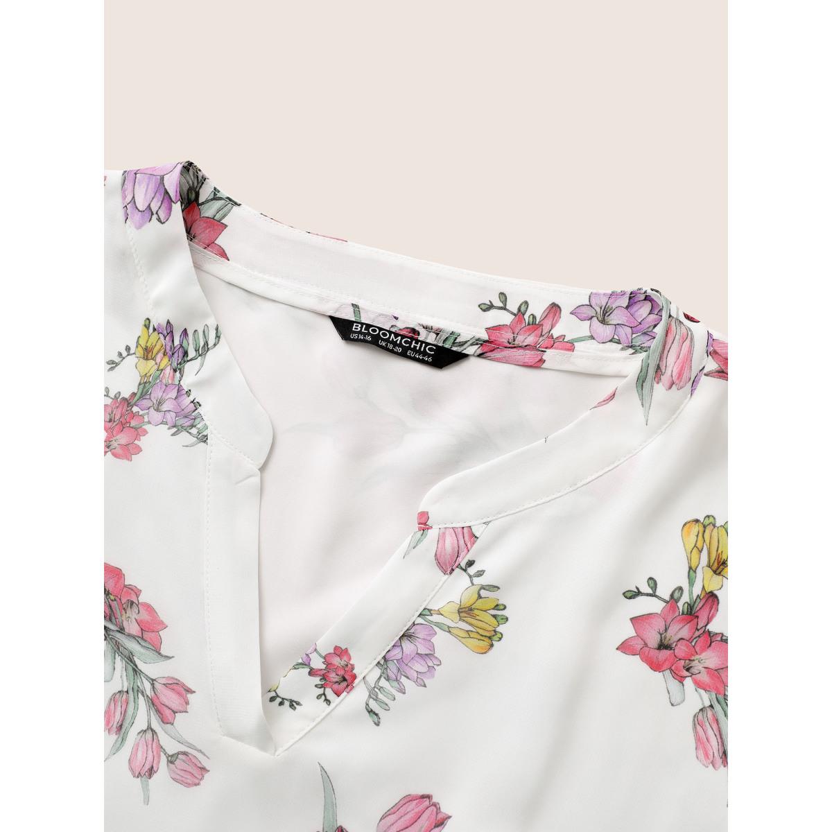 Plus Size White Floral Notched Mesh Petal Sleeve Blouse Women Elegant Everyday Blouses BloomChic 22-24/3X Product Image