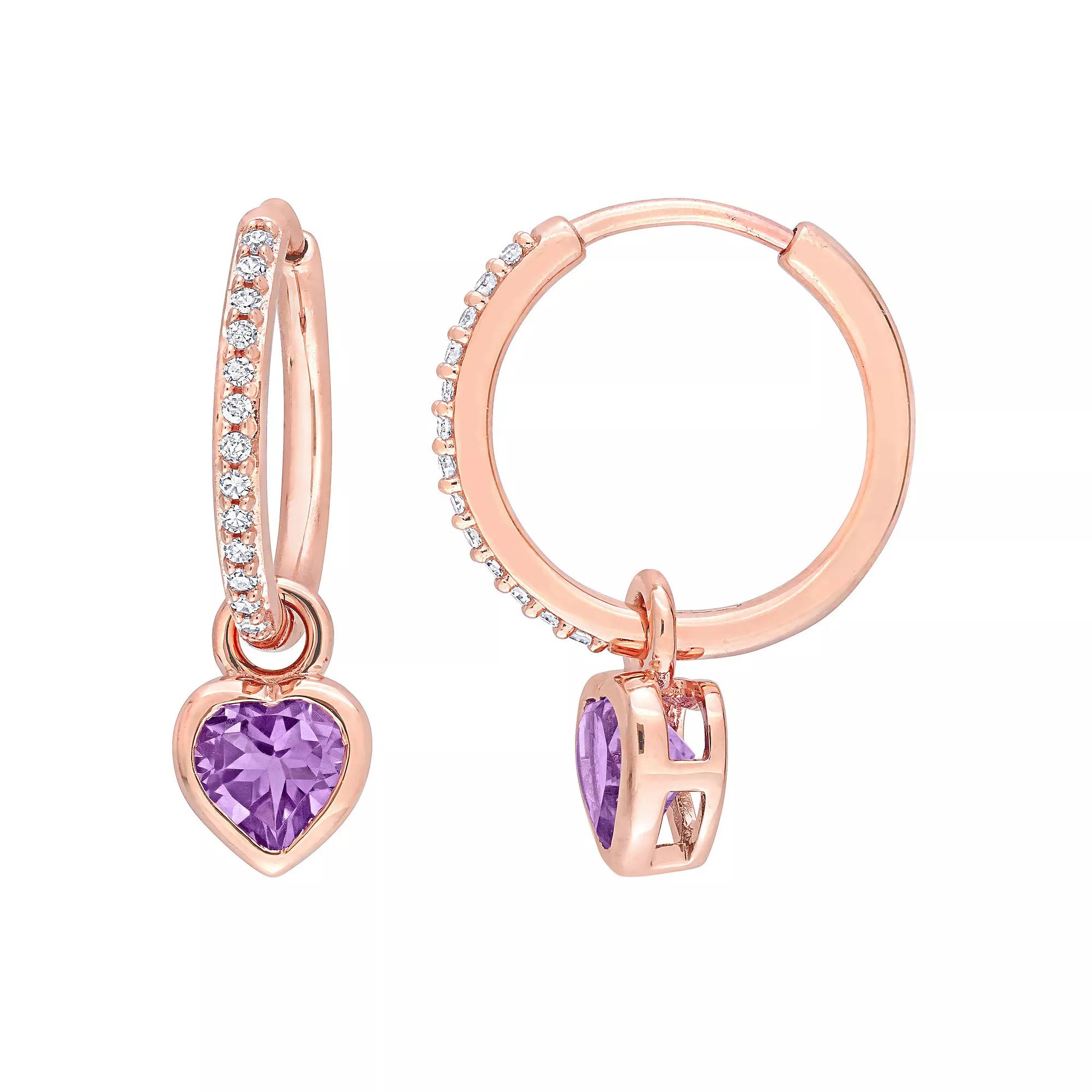 Stella Grace 10k Rose Gold Amethyst & 1/8 Carat T.W. Diamond Heart Huggie Earrings, Women's, 10k Rsgold Product Image
